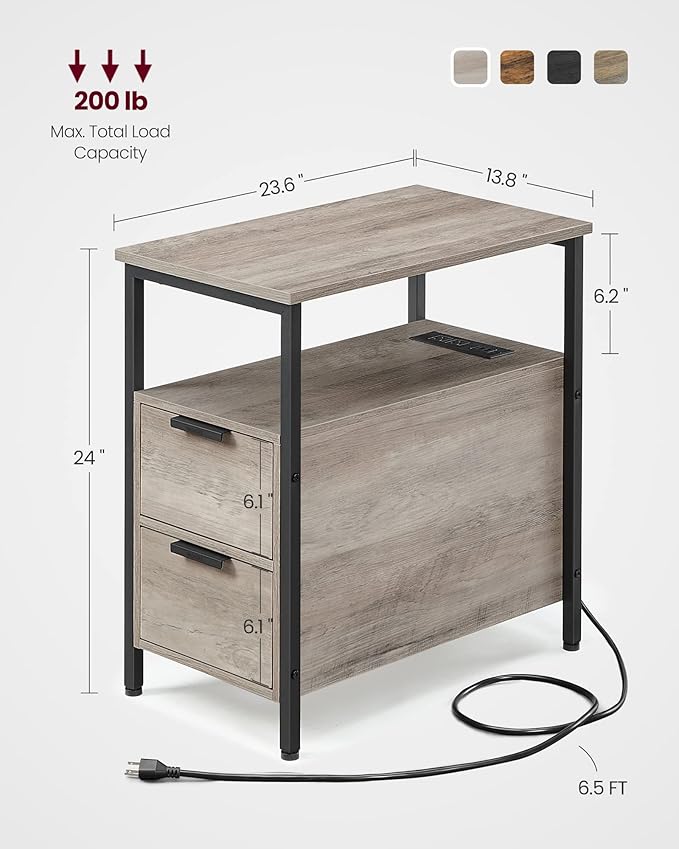VASAGLE Side Table with Charging Station, Narrow End Table with 2 Drawers - Image 3