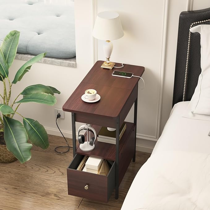 SOOWERY End Table with Charging Station, Narrow Side Table with Flip Top - Image 6
