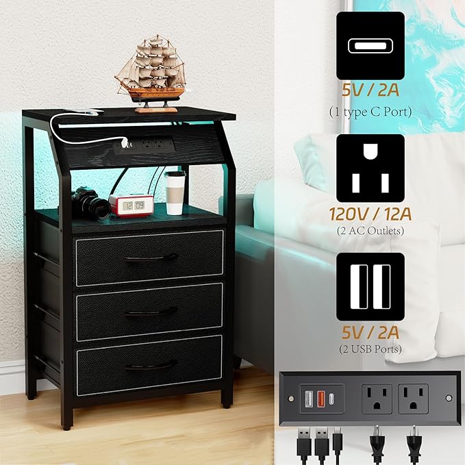 End Table with 3 Drawers, Nightstand with Charging Station and LED Lights - Image 7