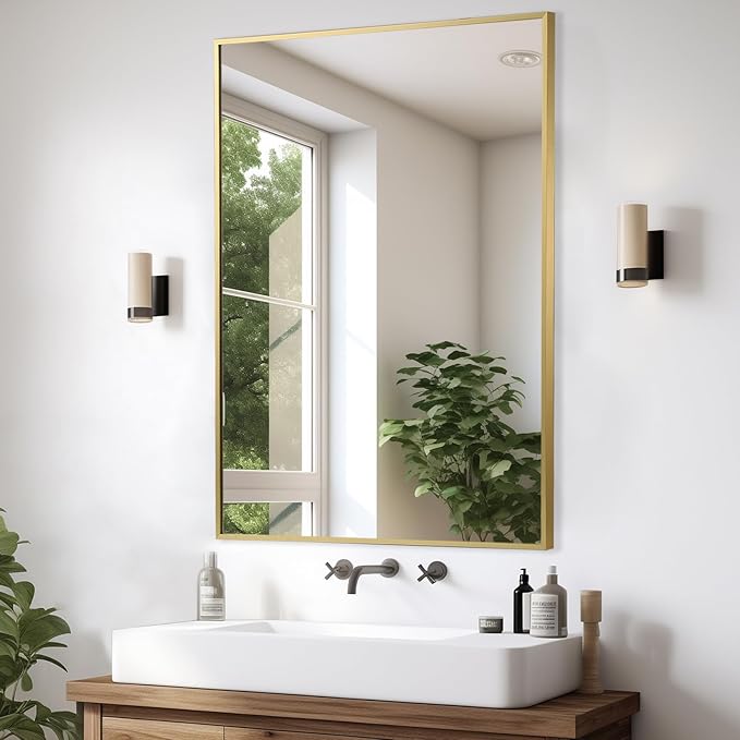 Gold Bathroom Mirror, Brushed Gold Mirror, Metal Frame Square Corner Vanity - Image 2