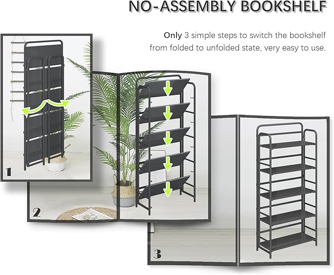 4NM No Assembly Folding Bookshelf 5 Tiers Vintage Industrial Black Book Shelf - Image 7
