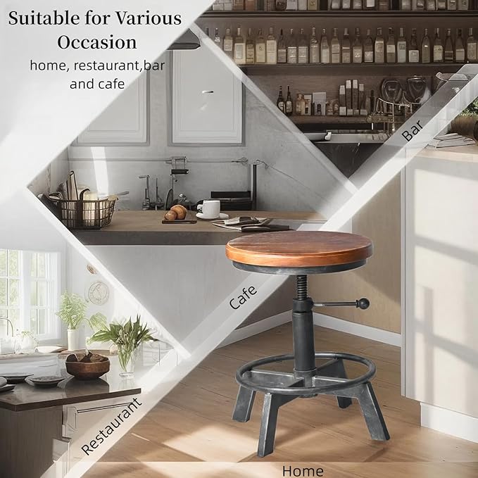 Set of 2-Industrial Bar Stool-Counter Height Chairs- Swivel Wooden Seat- - Image 5