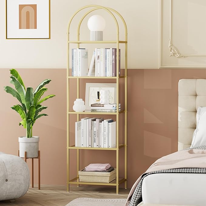 Homhedy Bookshelf Arched Display Racks, Metal Bookcase, Tempered Glass Shelves - Image 6