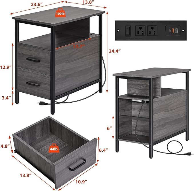 Side Table, End Tables with Charging Station, Narrow End Table with Wooden - Image 3