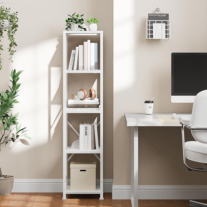 Furologee 5 Tier White Bookshelf, Tall Narrow Bookcase - Image 5