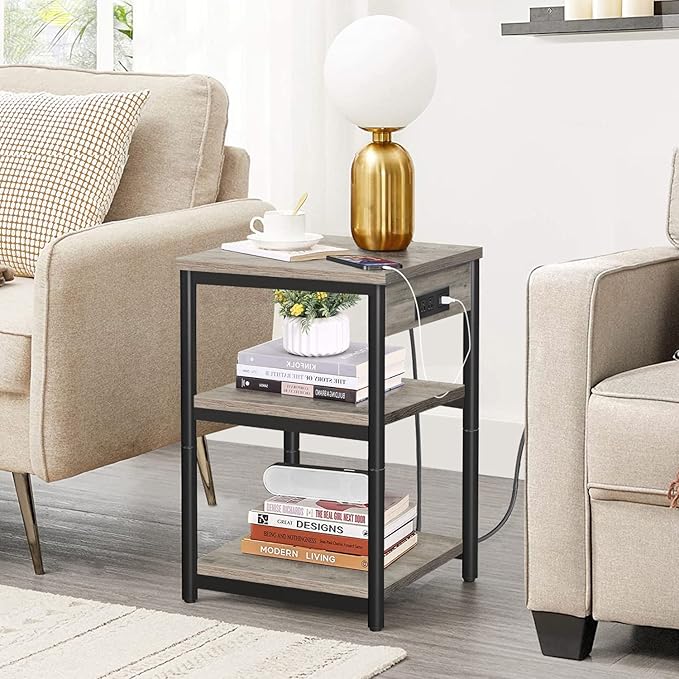 TUTOTAK End Table with Charging Station, Nightstand, 3-Tier Couch Side Table by WelcometotheTUTOTAKHome