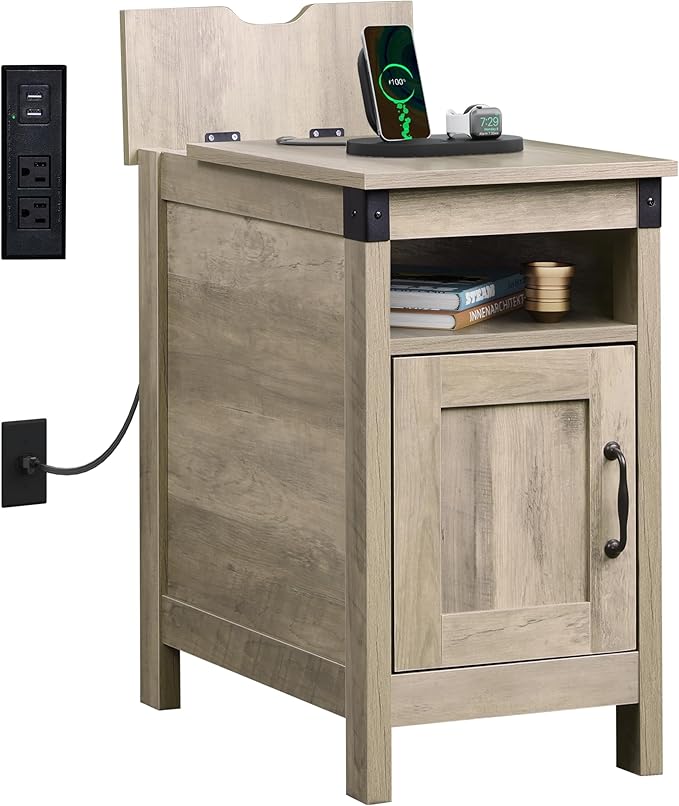 WLIVE Farmhouse End Table with Charging Station, Narrow Side Table by WLIVE