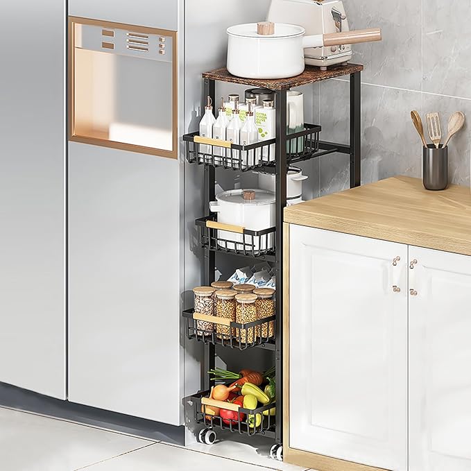 Kitchen Storage Cart Slim Rolling Cart On Wheels, 5-Tier Skinny Kitchen Island - Image 8