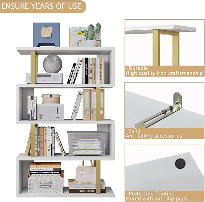 SORCEDAS Bookshelf Geometric Bookcase S Shaped Industrial Bookshelf Storage - Image 5