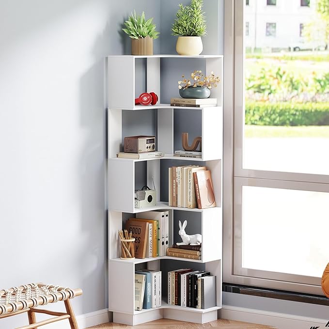 Corner Bookshelf, 68.9" Tall Wooden Corner Bookcase 5 Tiers L-Shaped Storage - Image 6