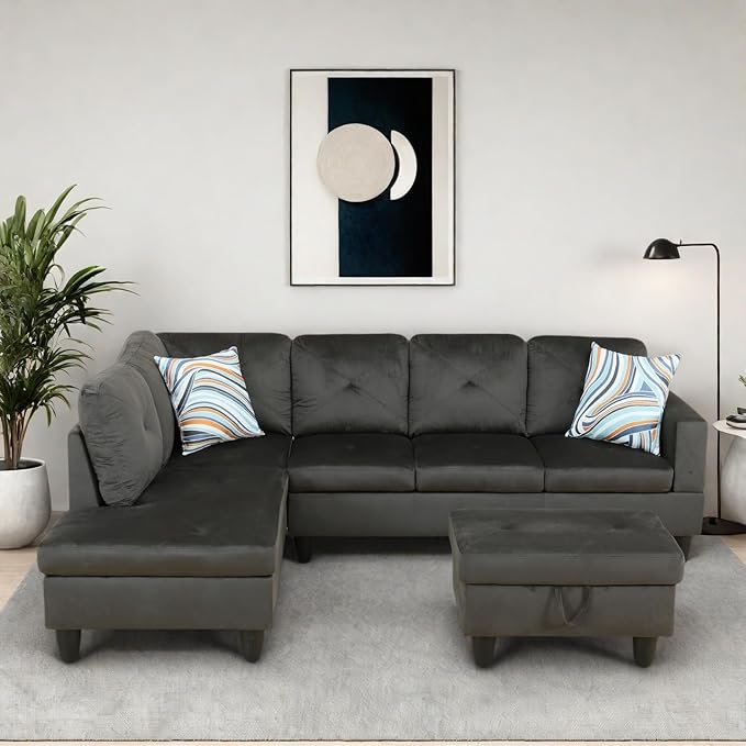 L-Shaped Sectional Sofa with Ottoman, Right-Facing Modern Microfiber Couch by GlasFlength