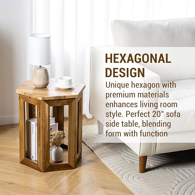 MyGift Premium Acacia Solid Wood Hexagon Designer End Table, 20 Inch Tall - Image 2