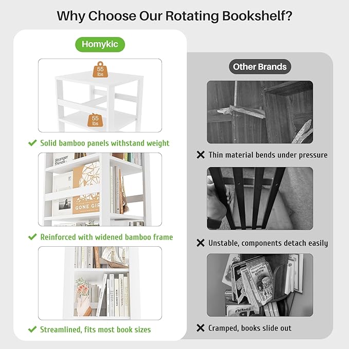 Homykic Rotating Bookshelf, Bamboo 360 Display Spinning Bookshelf Tower - Image 9