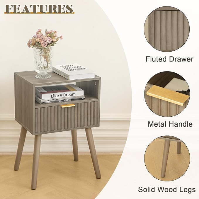 Night Stand with Charging Station, Modern Bedside Table with Drawer and Solid - Image 4