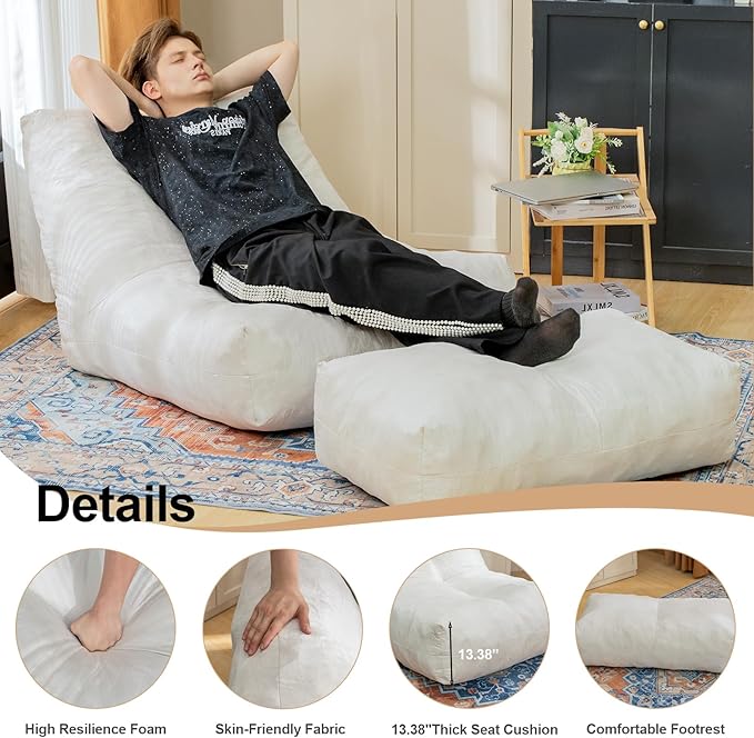 Bean Bag Chair with Ottoman, Comfy Bean Bag Sofa with Memory Foam, Lazy BeanBag - Image 4