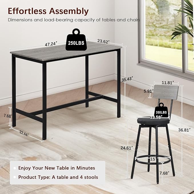Tatub Bar Table and Stools Set of 4, 5 Piece Counter Height High Breakfast - Image 6
