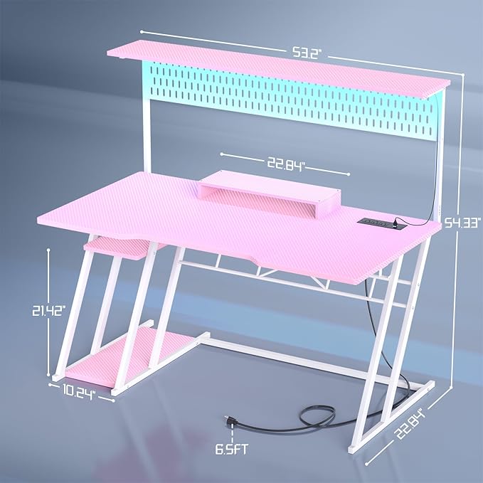Armocity Pink Gaming Desk with Hutch and LED Lights, Reversible PC Gaming Desk - Image 3