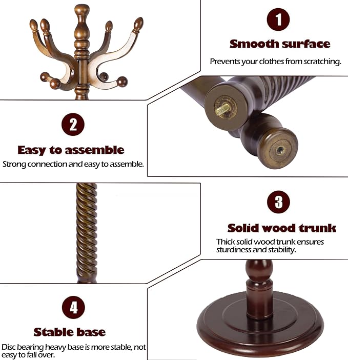 Coat Racks Free Standing with 11 Hooks, Natural Wood Coat Stands - Image 5