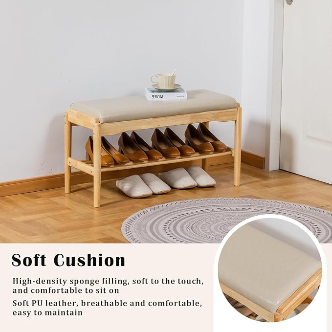 Shoe Bench, Entryway Bench, Wood 2-Tier Shoe Rack - Image 5