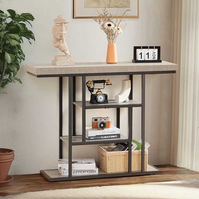 HABUTWAY 42" Industrial Console Table, Narrow 4-Tier Wood Entryway Table by HABUTWAYMakeYourLifeComfortable