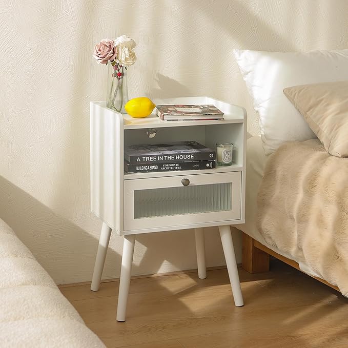 AWASEN White Nightstand with Charging Station, Modern Bedside Table with Glass - Image 2