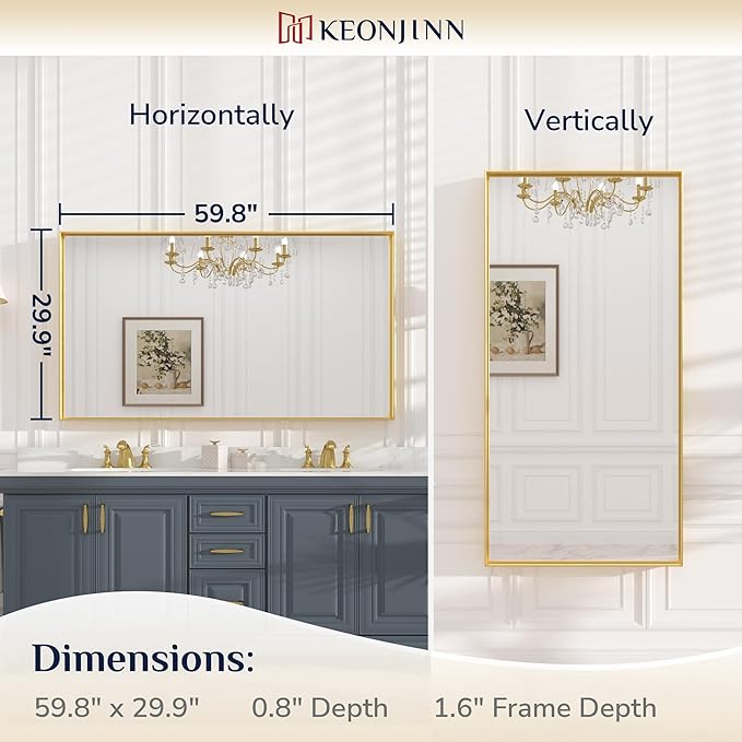 Keonjinn Brushed Gold Bathroom Mirror 60” x 30” Metal Framed Rectangular Wall - Image 7