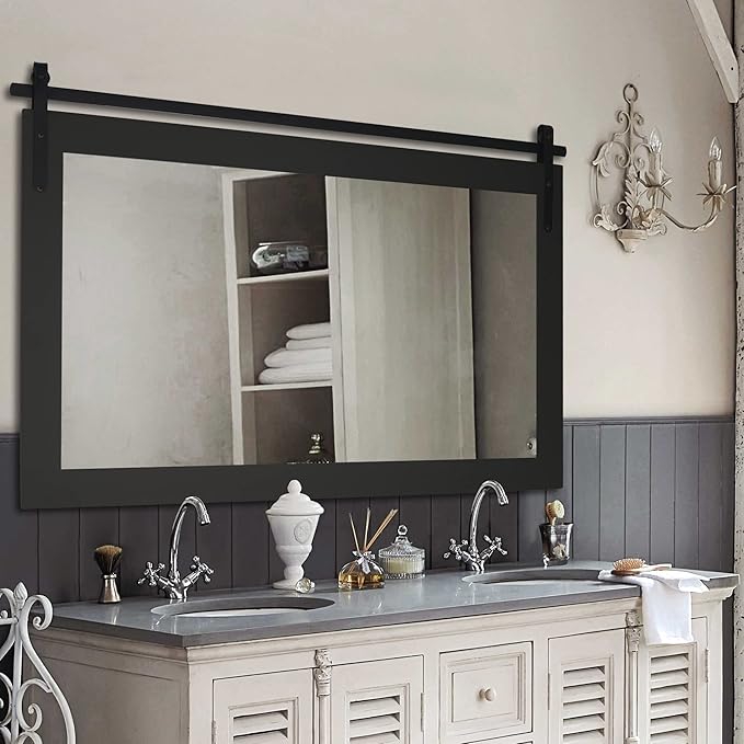 Black Farmhouse Mirror for Wall, 40x26INCH Large Wood Framed Square Bathroom - Image 5