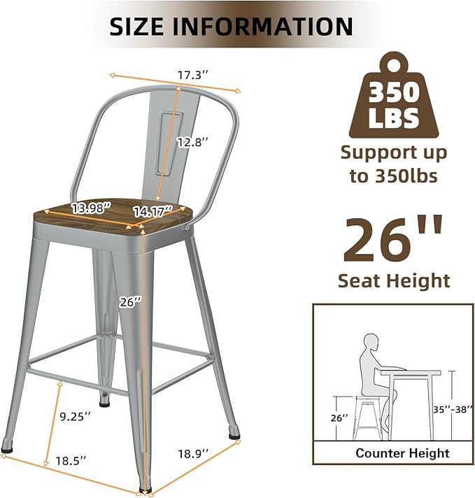 Metal Bar Stools Set of 4, High Back Bar Stools - Image 3