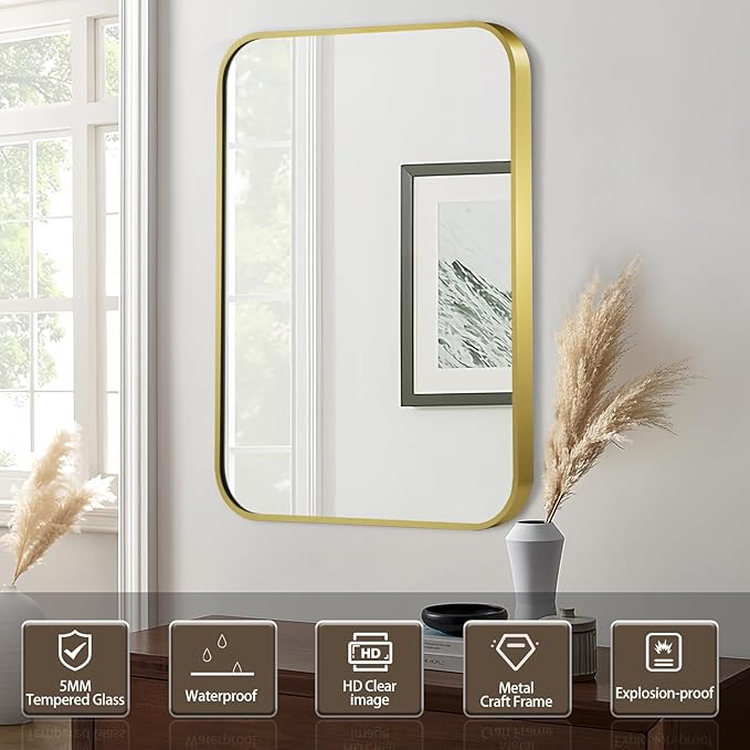 Matte Gold Mirror, 20x28 Inch Brushed Gold Mirror, Aluminum Alloy Framed Vanity - Image 3