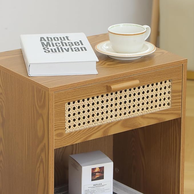 Mid Century Modern Nightstand, Rattan Bedside Table - Image 7