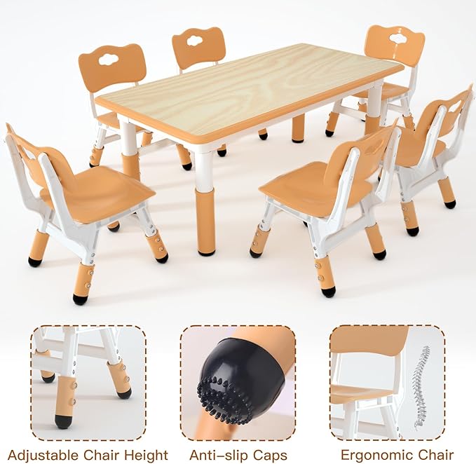Kids Table and 6 Chairs Set，Height Adjustable Children Table & Chair，Toddlers - Image 4
