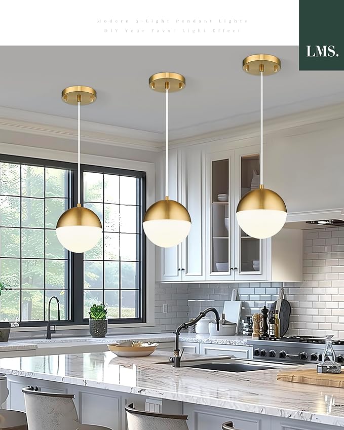 LMS Mid Century Pendant Lights, Brushed Gold Kitchen Island Light Fixtures - Image 7