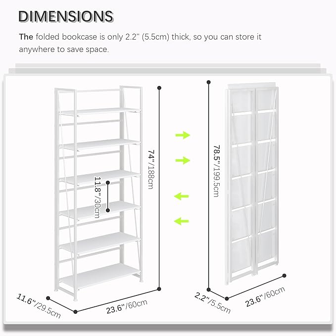 4NM No Assembly Folding Bookshelf, 6-Shelf 74" H Collapsible Foldable Bookcase - Image 2