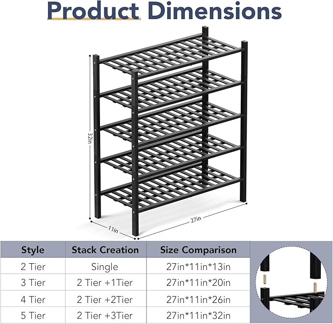 Haddockway 5 Tier Bamboo Shoe Rack Storage Organizer, Small Space 27"x11"x32" - Image 3