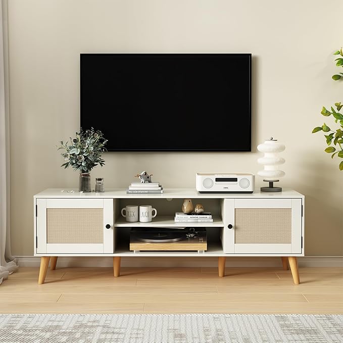 TV Stand for TVs up to 65 inches, Rattan Grain Finish Panel by Unknown