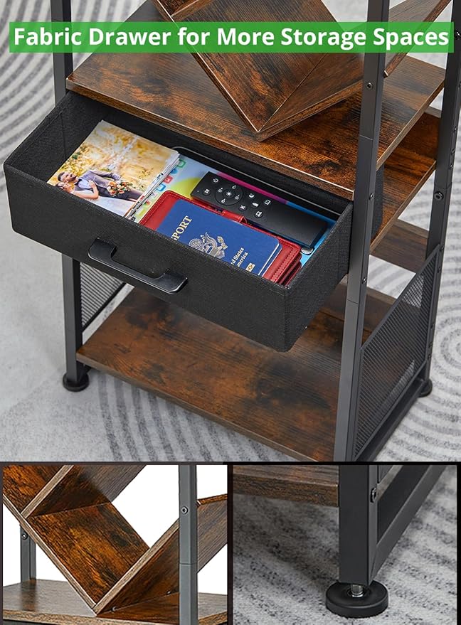 Bookshelf with Drawer, 8 Tier Tree Bookcase Retro Floor Standing Bookshelves - Image 4