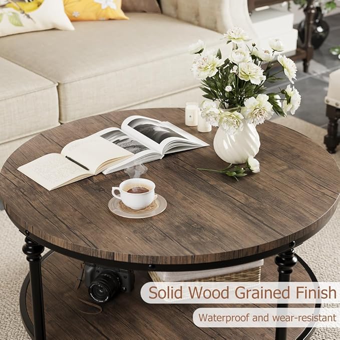 34.25in Round Wood Coffee Table, 2-Tier Small Coffee Table - Image 5