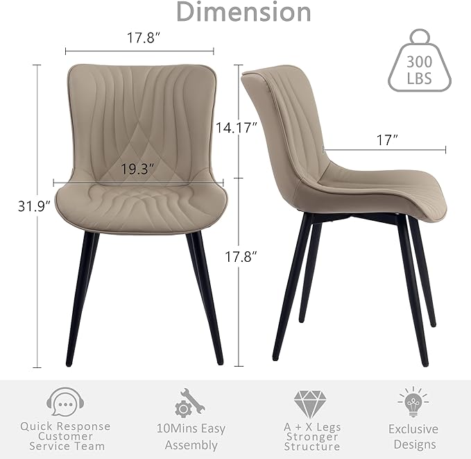 Kidol & Shellder Khaki Dining Chairs Set of 2, Faux Leather Upholstered Mid - Image 3