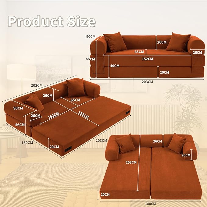 80" Convertible Sofa Bed, Corduroy Deep Seat Folding Pull Out Couch - Image 3