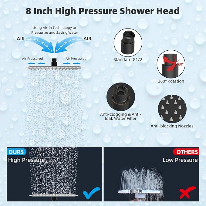 Hibbent All Metal 8'' Rainfall Shower Head, Shower Head Combo, High Pressure - Image 4