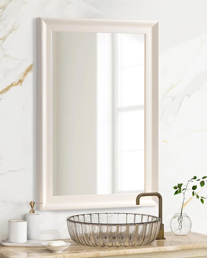 CULER White Wood Wall Mirror for Bathroom, Rectangle Rustic Beige 24 x 36 inch - Image 3