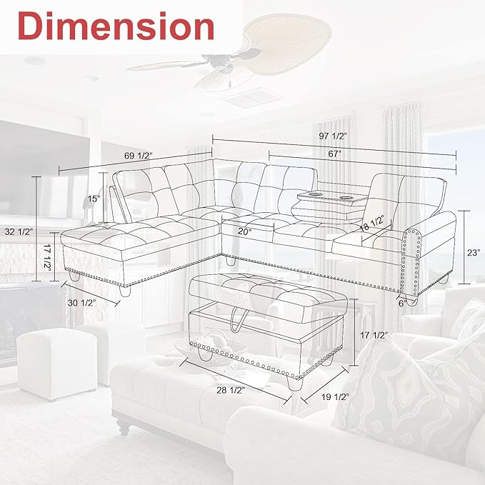 L-Shaped Sectional Sofa with Ottoman, Leather Modern Nail-Head Design with Cup - Image 2