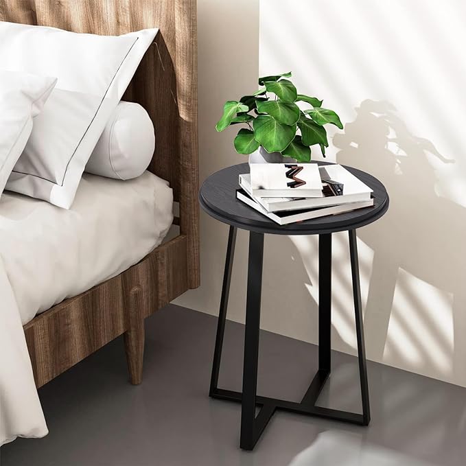 Round End Table, Small Side Table Black Color MDF Top, Metal Frame Black - Image 4