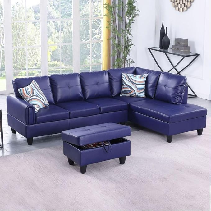 Blue L-Shaped 3-Piece Faux Leather Sofa by Unknown