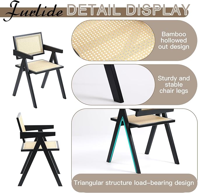 Rattan Dining Chairs Set of 2, Modern Mid Century Dining Chairs - Image 7