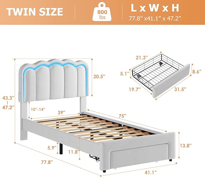 Twin Upholstered LED Bed Frame - Image 2