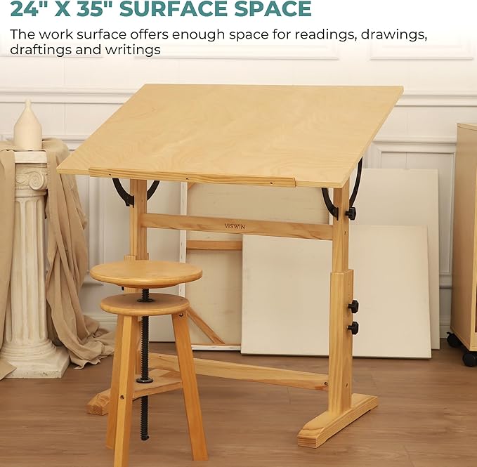 VISWIN Wood Drafting Table for Adults, Solid Pine Wood Artist Desk for Drawing - Image 4