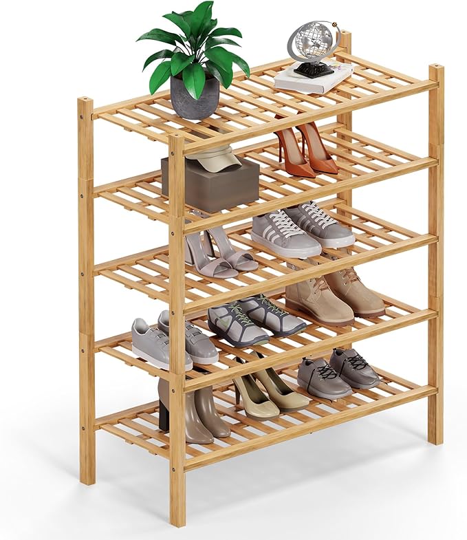 Haddockway 5 Tier Bamboo Shoe Rack Storage Organizer, Small Space 27"x11"x32" by Haddockway