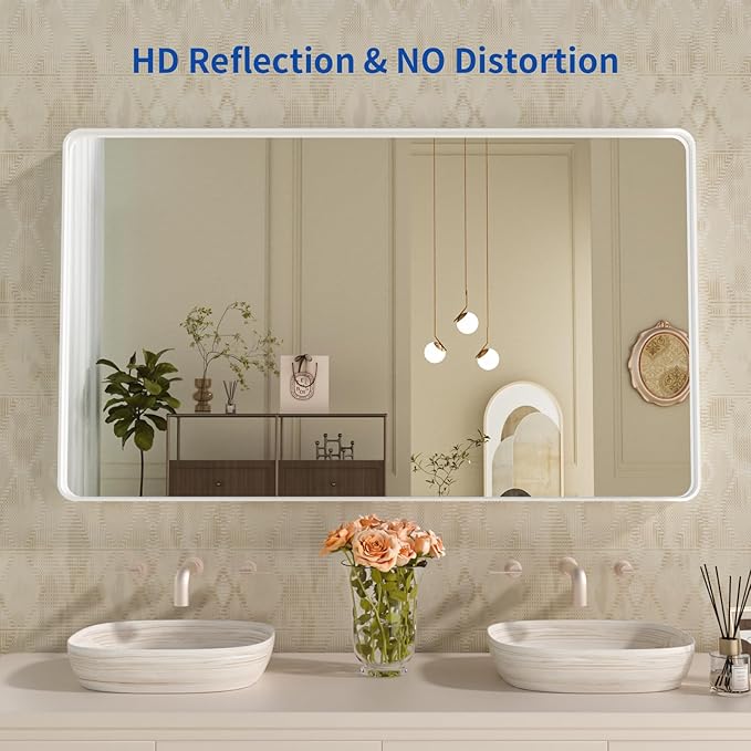 WEER White Bathroom Mirror 55X30 Inch, Rounded Rectangle White Metal Frame - Image 2