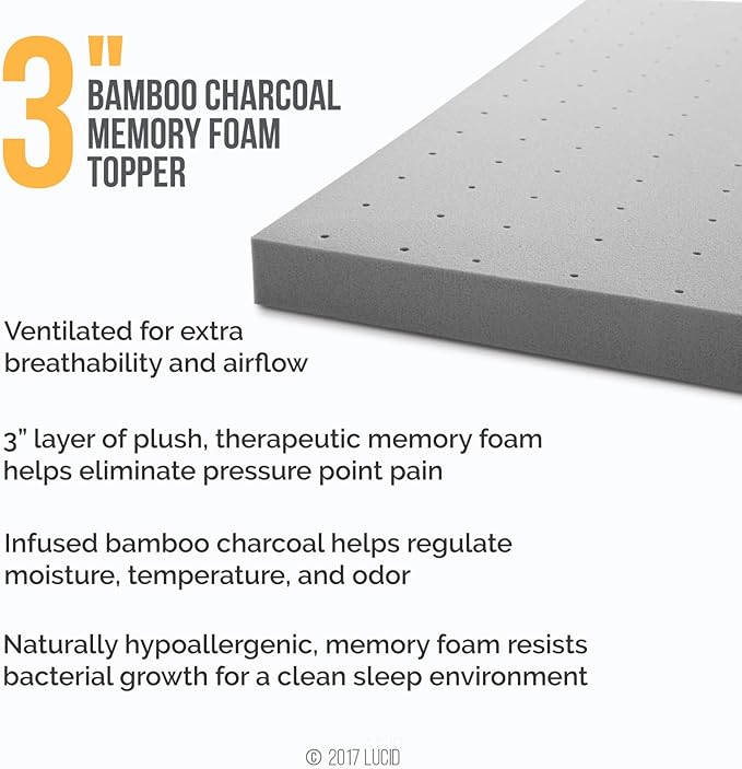 Lucid 3 Inch Ventilated Bamboo Charcoal Memory Foam Mattress Topper, - Image 2